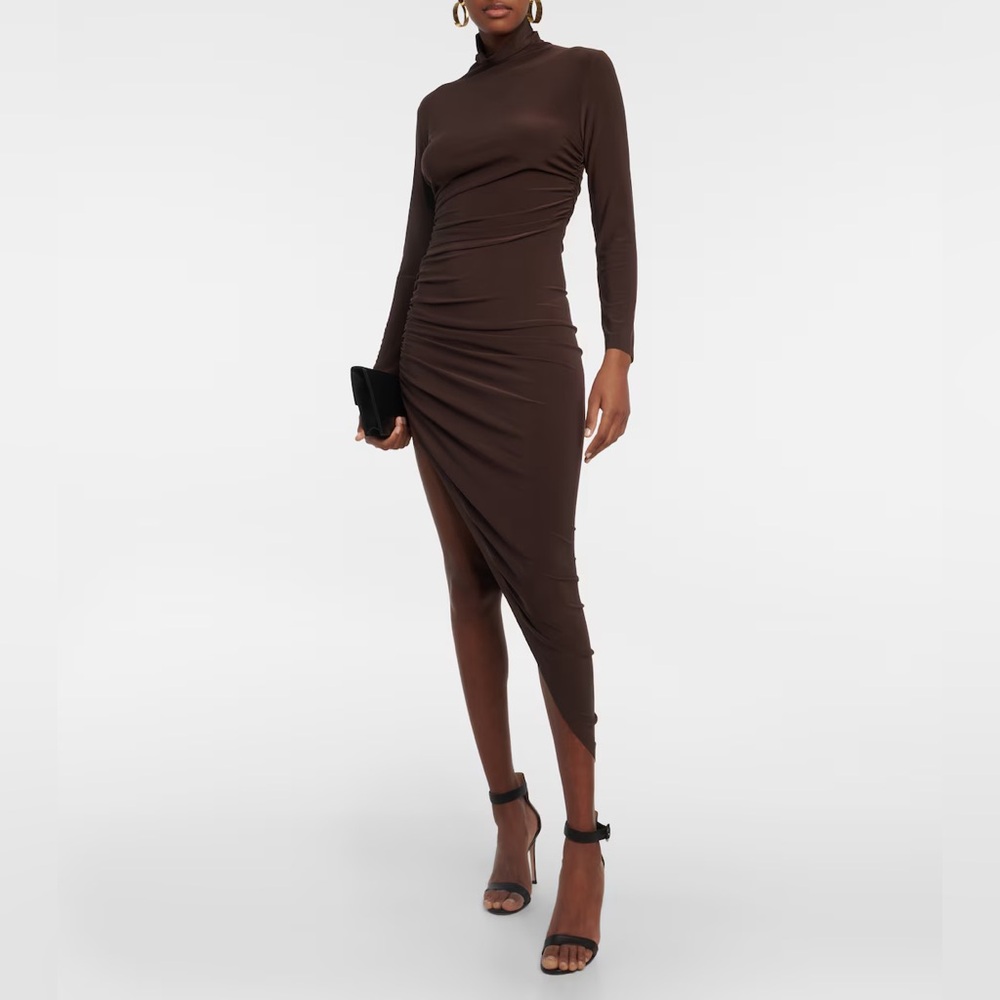 NORMA KAMALI Brown asymmetric ruched stretch-jersey turtleneck midi dress
